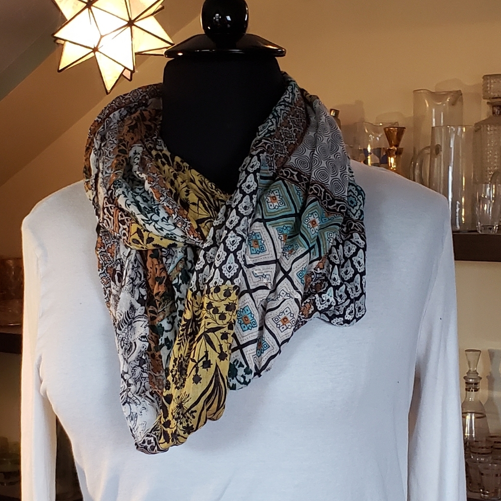 Blue And Ocher Patterend Lightweight Infinity Scarf